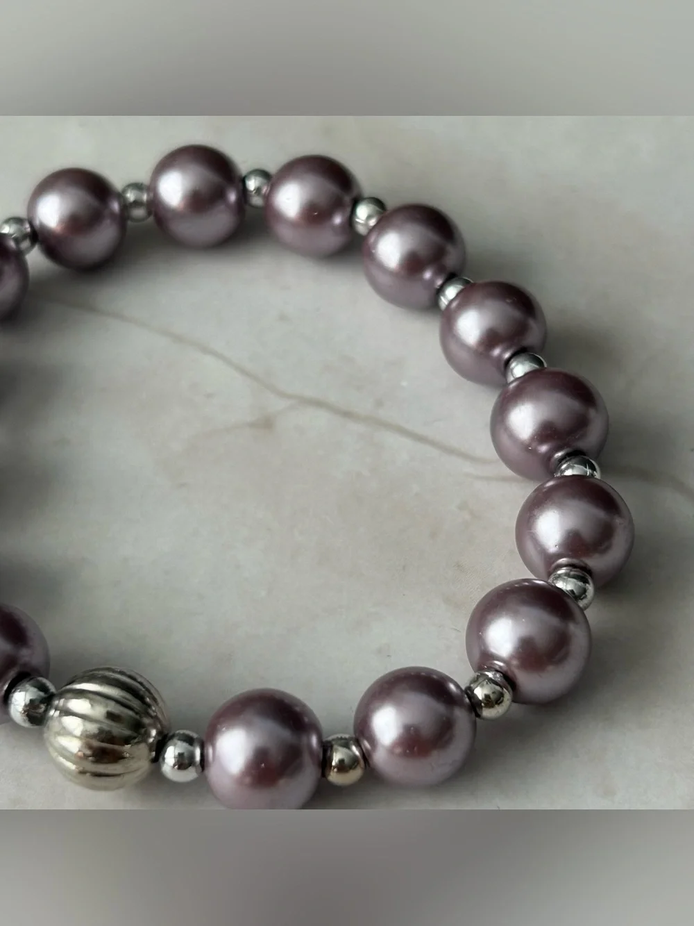Lavender Pearl Stretch Bracelet with Silver Accents